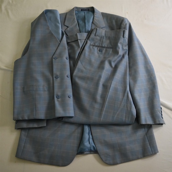 Vittorio St Angelo 44L 38x30 Blue Plaid 3 Piece Mens‎ Vest Jacket Pants Suit